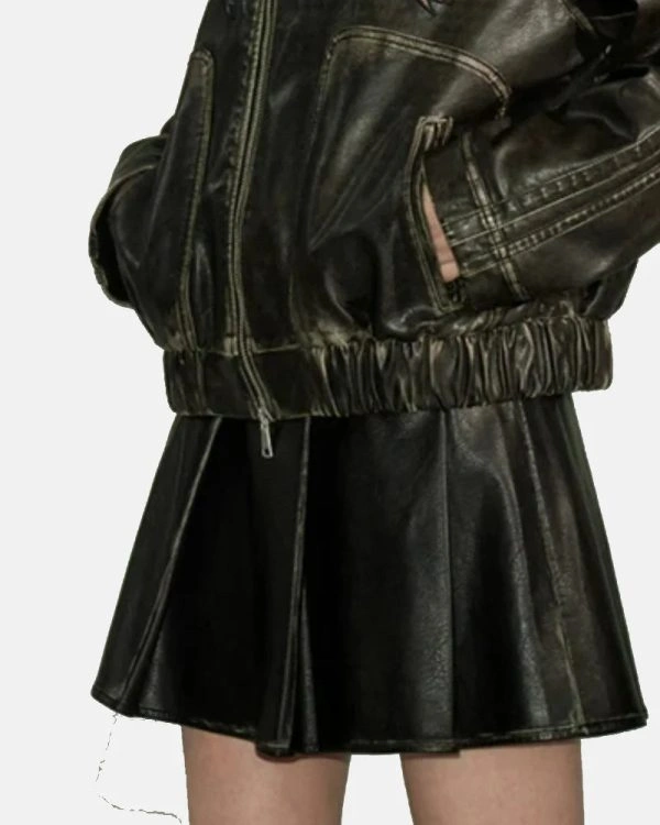 Diddi Moda Retro Leather Belt Pleated Skirt Black