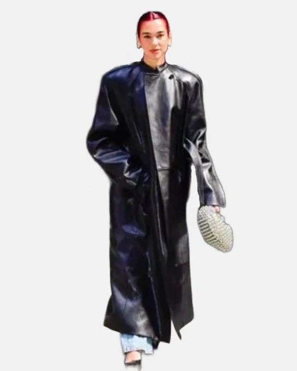 Dua Lipa The Matrix Oversized Black Leather Coat Jacket