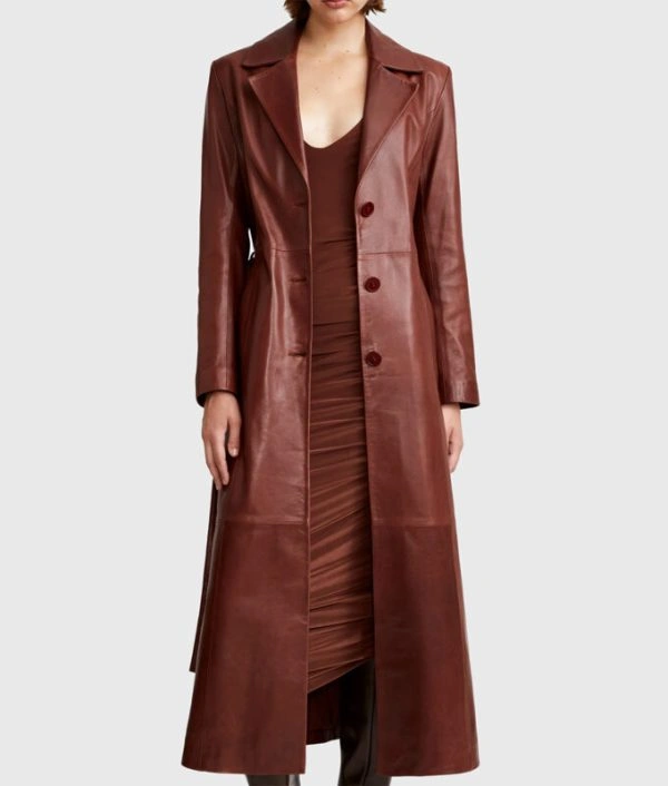 Emily Ratajkowski Brown Premium Leather Trench Coat