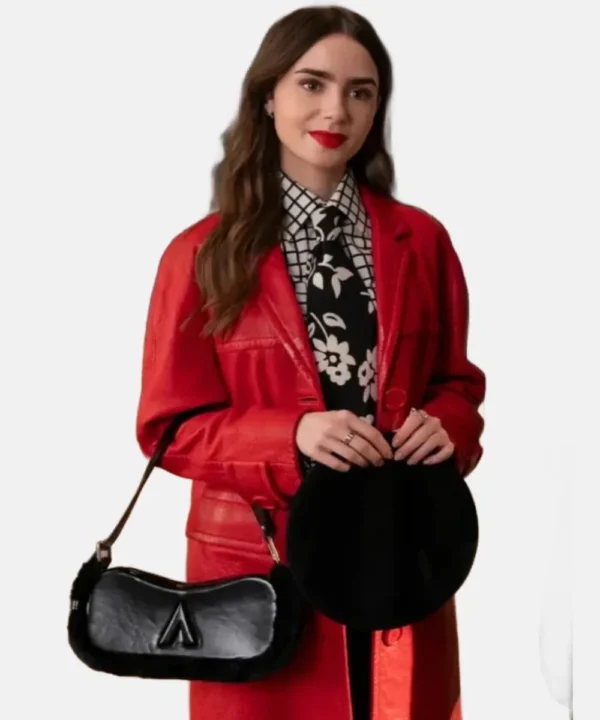 Emily in Paris S04 Emily Cooper Red Leather Trench Coat