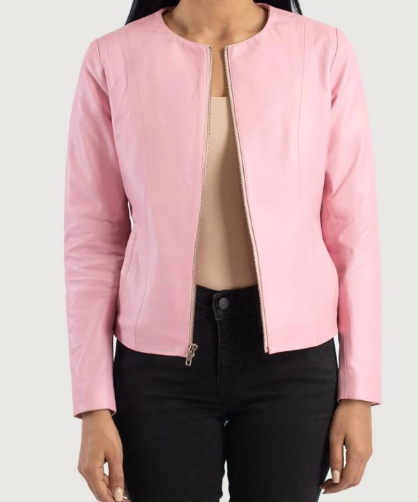 Emma Stone Collarless Pink Leather Biker Jacket Women's