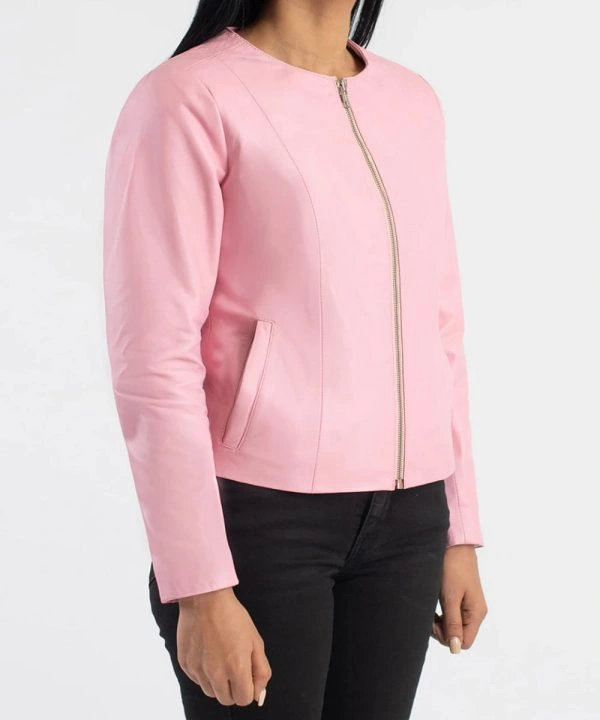Emma Stone Collarless Pink Leather Biker Jacket