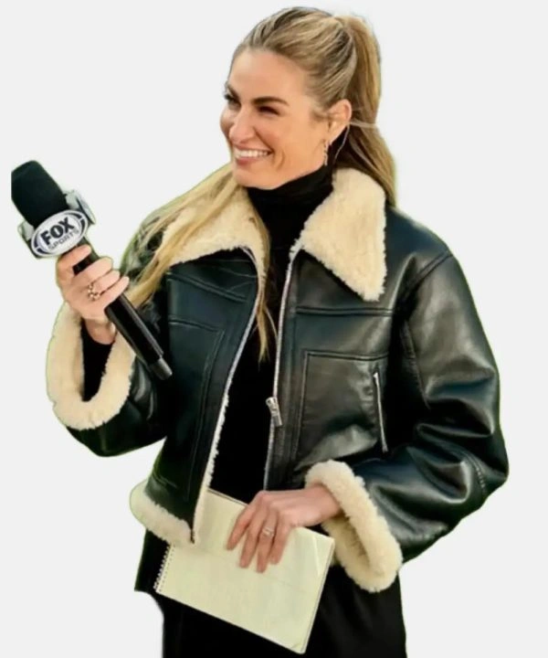 Erin Andrews Cropped Shearling Aviator Jacket Black