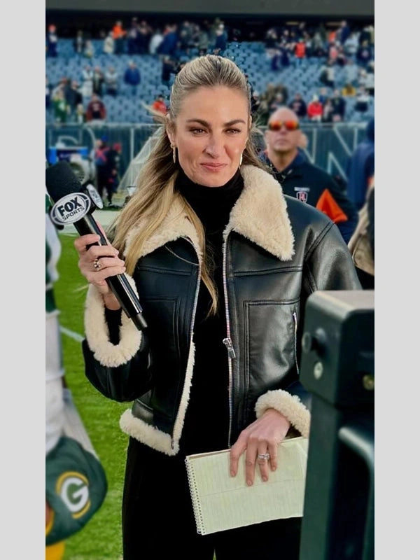 Erin Andrews Cropped Shearling Black Aviator Jacket