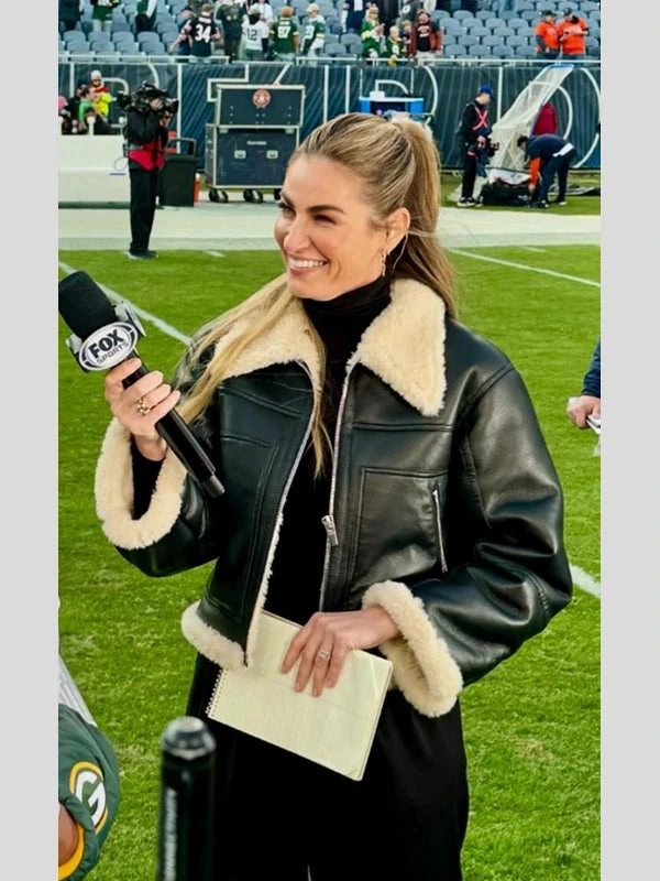 Erin Andrews Cropped Shearling Black Leather Aviator Jacket