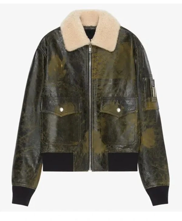 Frenton Aviator Naval Green Leather Fur Aviator Bomber Jacket For Sale