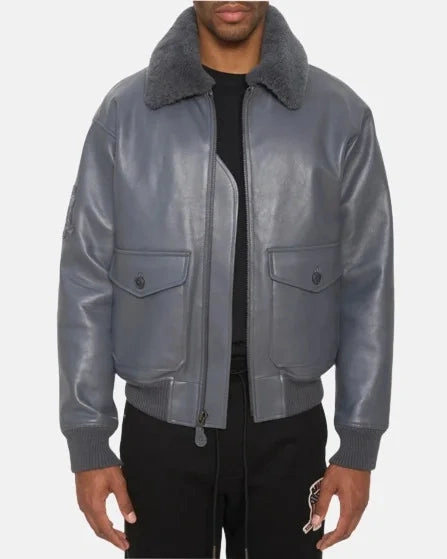 G1 Grey Leather Bomber Jacket Men's