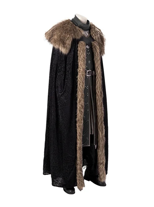 Game Of Thrones Season 8 Jon Snow Brown Fur Collar Black Cloak Suit Cosplay Costume