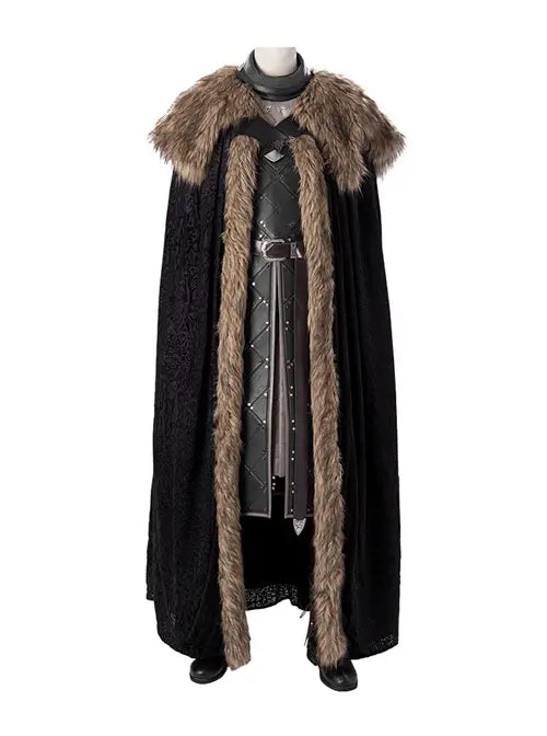 Game Of Thrones Season 8 Jon Snow Brown Fur Collar Black Cloak Suit Halloween Cosplay Costume