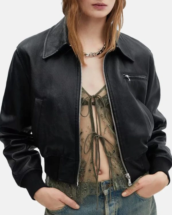 Gigi Hadid Mango Vintage Leather-Effect Jacket Black