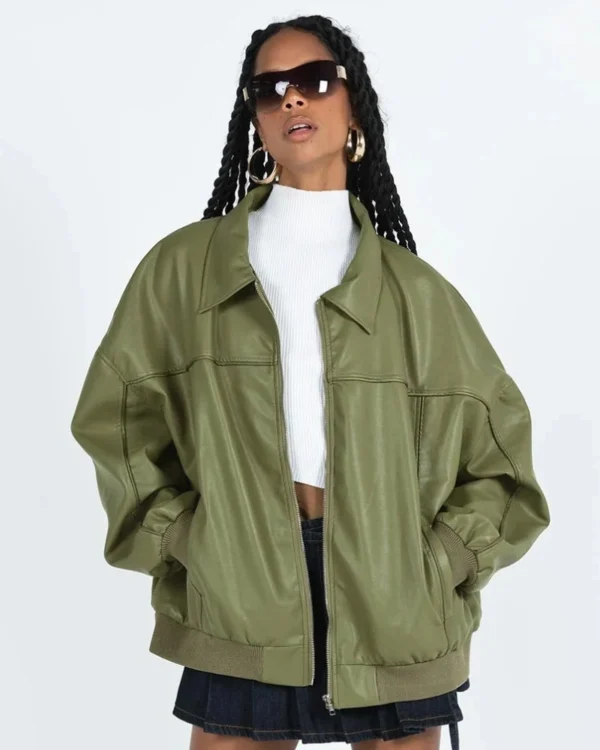 Goldsmith Cozy And Vintage Green Faux Oversized Leather Bomber Jacket