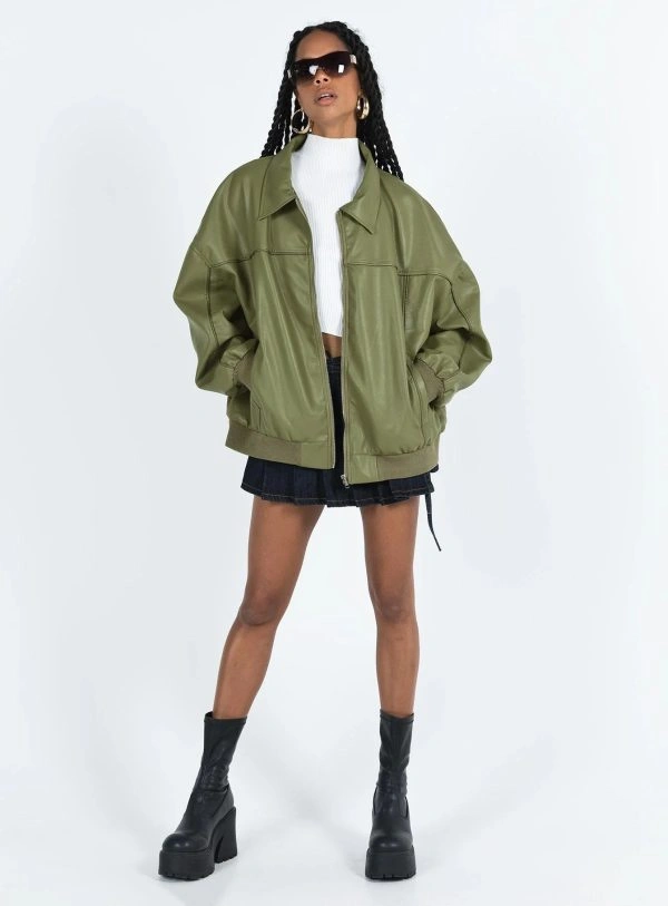 Goldsmith Cozy And Vintage Green Faux Oversized Leather Jacket