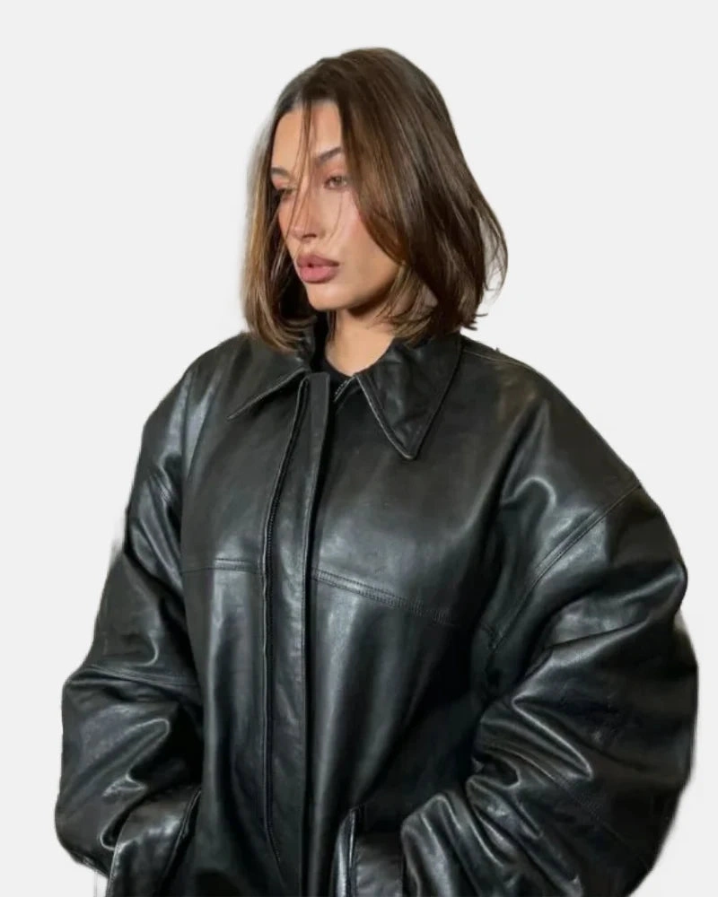Hailey Bieber Coachella 2024 Comfort Looks Oversized Black Leather Jacket