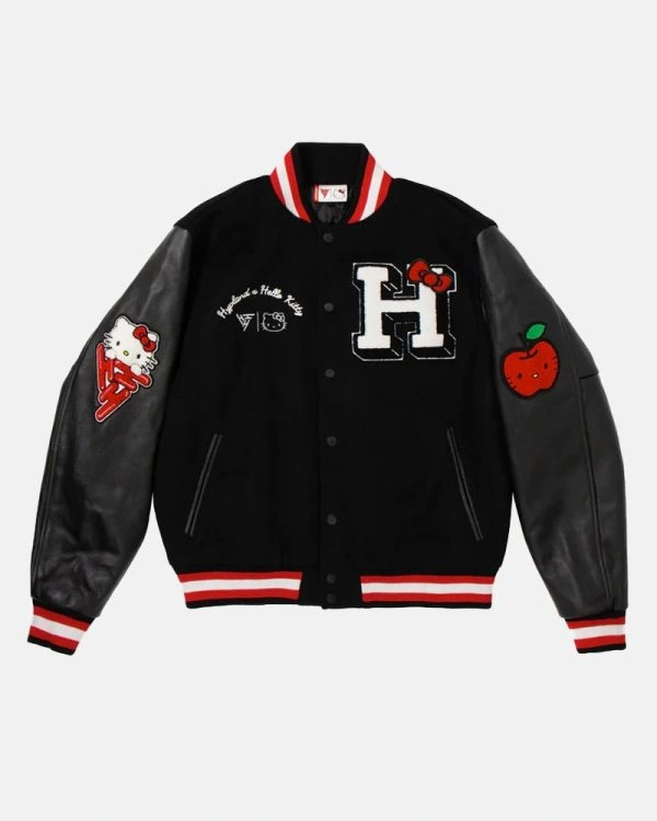 Hypland X Hello Kitty Apples H Letterman Varsity Jacket Black