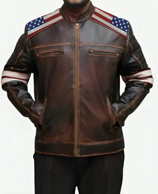 Independence Day American Flag Brown Leather Jacket