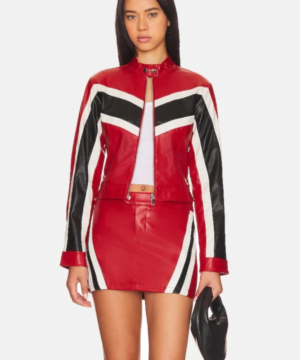 Jackie Faux Leather Biker Jacket Red & Black