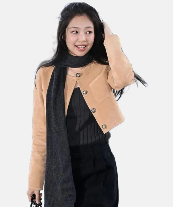 Jennie Kim Suede Leather Cropped Jacket Brown