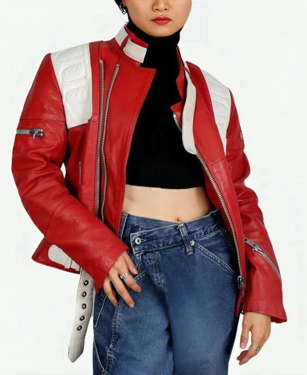 Kristen Stewart Charlie’s Angles Sabina Wilson Leather Jacket Red & White