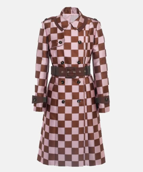 Lily Collins Emily In Paris S04 Emily Cooper Pink Brown Checkered Trench Coat For Sale