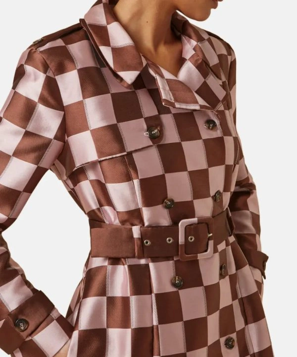 Lily Collins Emily In Paris S04 Emily Cooper Pink Brown Checkered Trench Coat