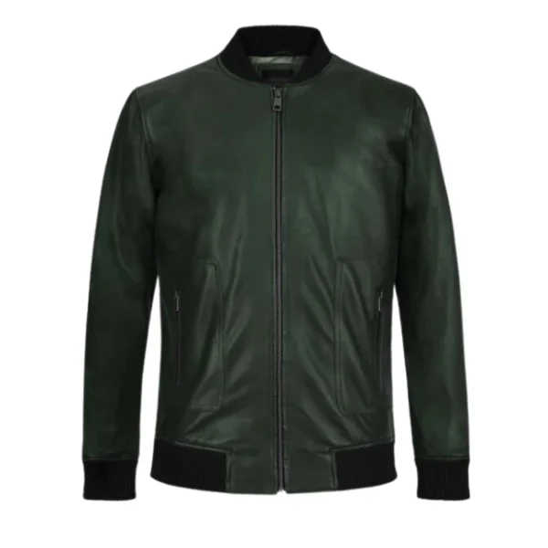 MEN'S DARK GREEN BIKER BOMBER LEATHER JACKET