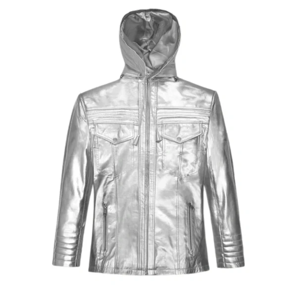 MEN'S DETACHABLE HOODIE LEATHER METALLIC MOTO JACKET