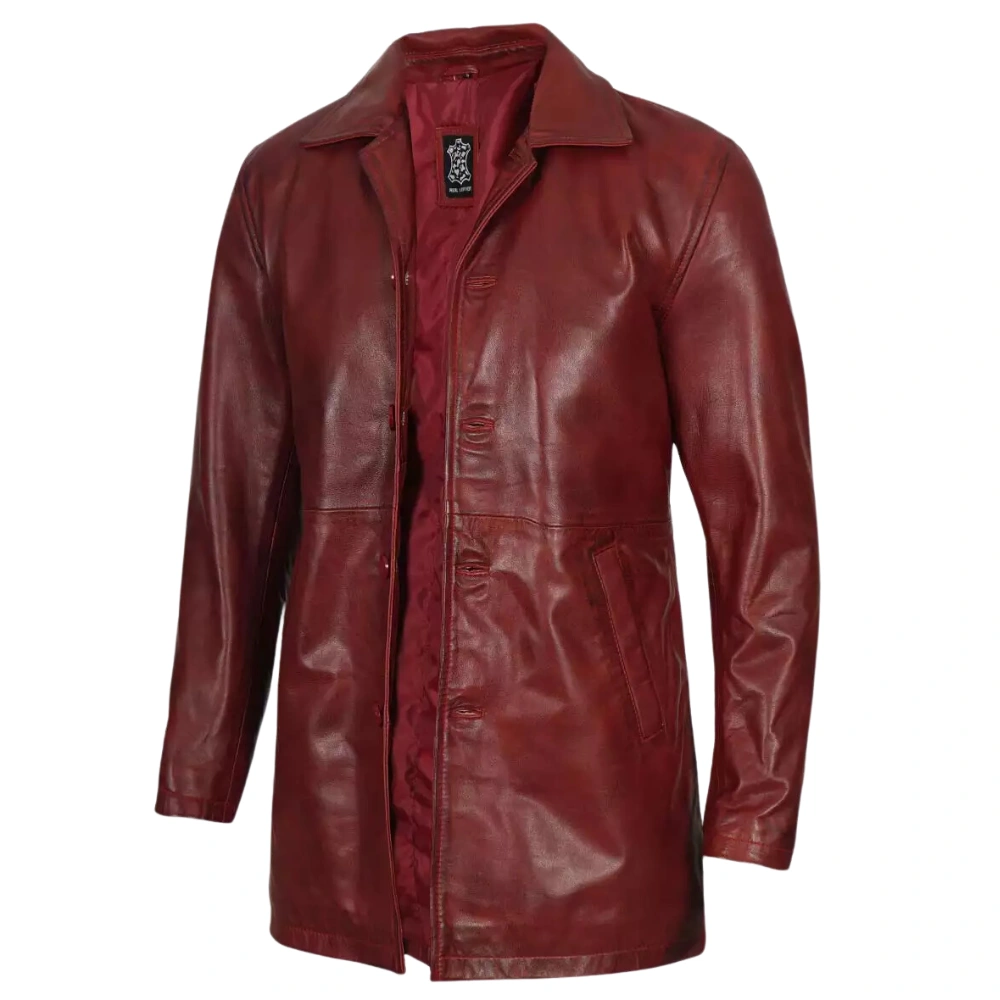 MEN'S ITALIAN DISTRESSED LEATHER COAT MAROON