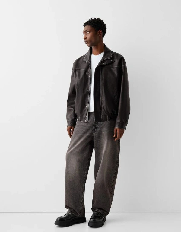 Men's Black Distressed Faux Leather Oversized Jacket