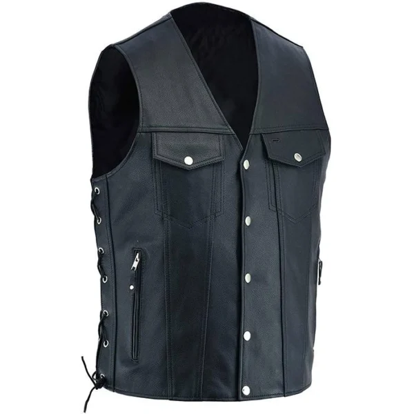 Men's Black Leather Vest Side Zipper Pockets
