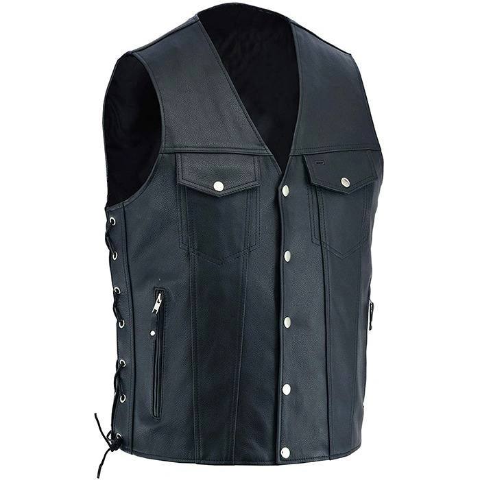 Men's Black Leather Vest Side Zipper Pockets