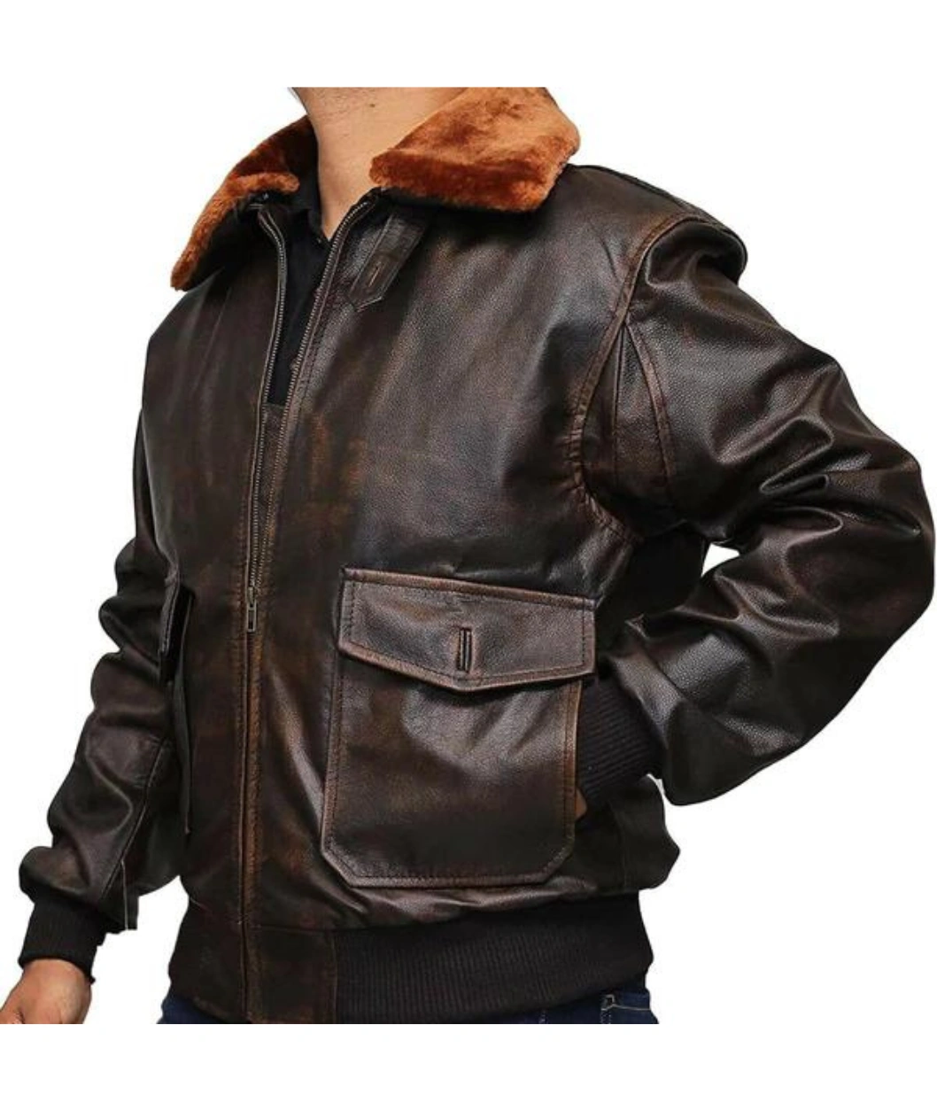 Men's Brown Aviator Fur Collar Distressed Jacket