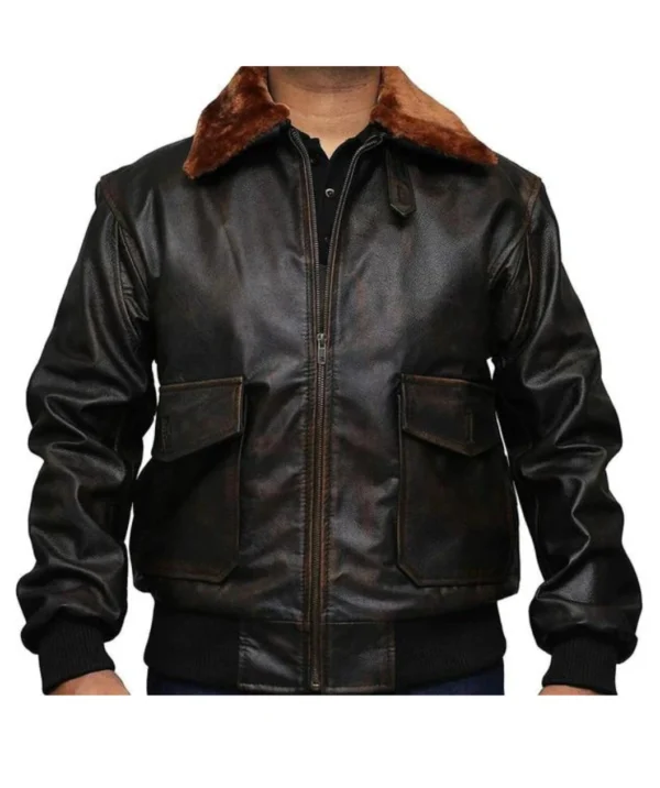 Men's Brown Aviator Fur Collar Distressed Leather Jacket