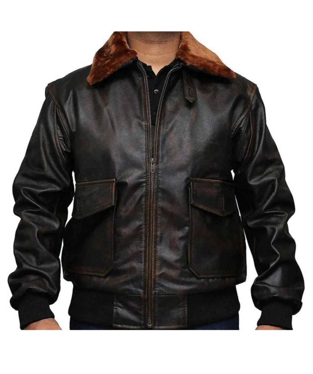 Men's Brown Aviator Fur Collar Distressed Leather Jacket