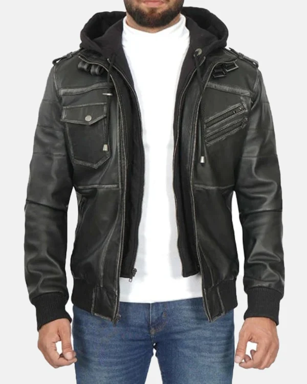 Men's Captain Grey Leather Removable Hooded Jacket