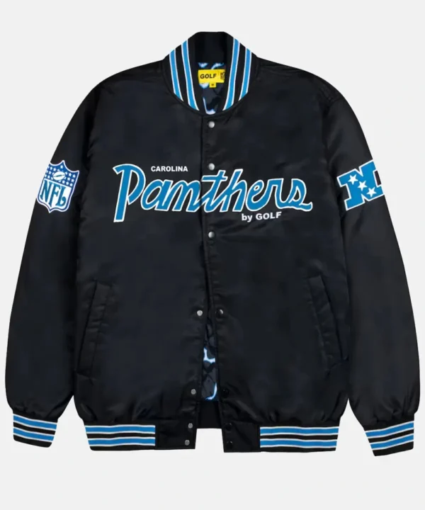 Men's Carolina Panthers GOLF WANG Black Satin Full-Snap Bomber Jacket