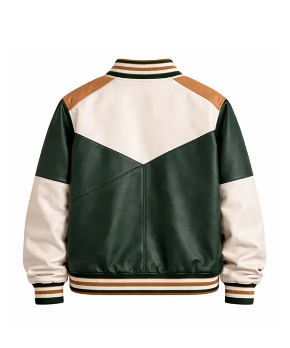 Men’s Color Block Green Baseball Varsity Leather Bomber Jacket