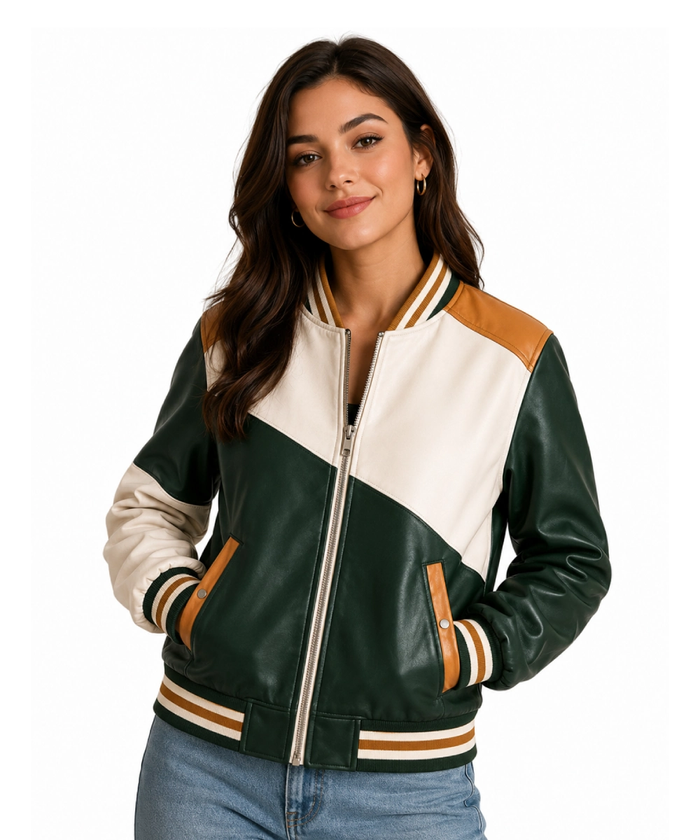 Men’s Color Block Green Leather Bomber Varsity Jacket
