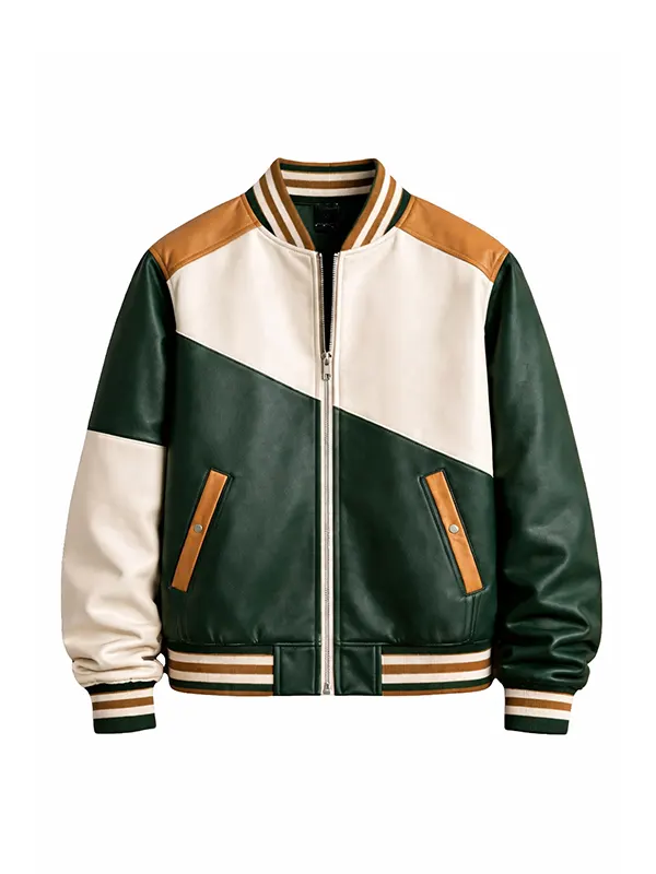 Mens Color Block Green Varsity Leather Bomber Jacket