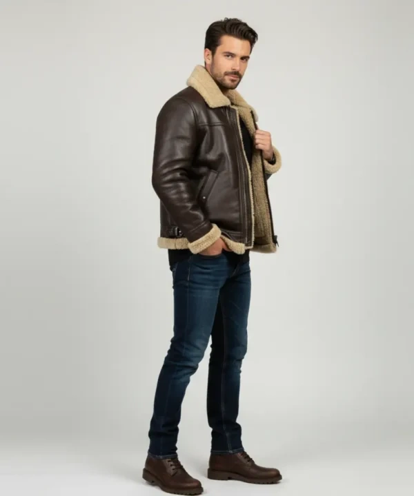 Men's Fur Aviator Pilot Shearling Leather Jacket Dark Brown