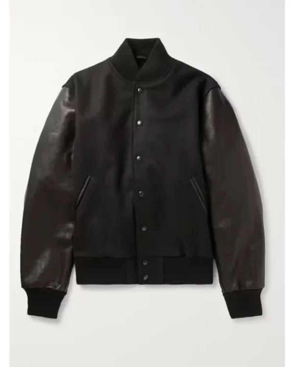Men’s Golden Bear Black Wool & Leather Varsity Bomber Jacket