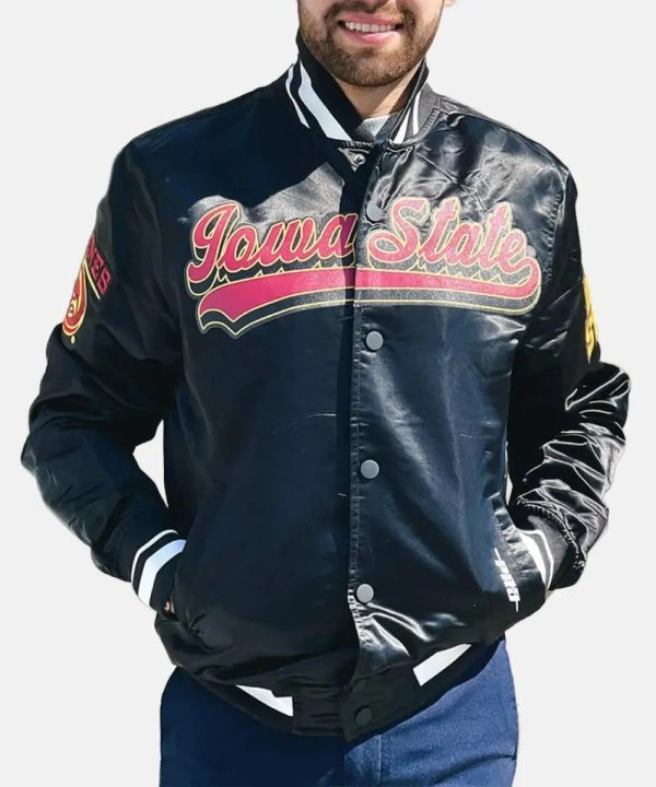 Men's Pro Standard Old English Iowa State Black Full-Snap Satin Bomber Jacket