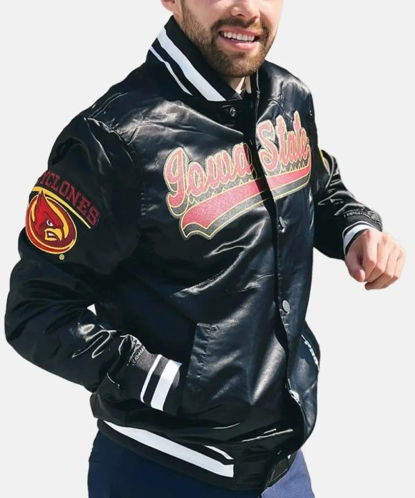 Men's Pro Standard Old English Iowa State Black Satin Bomber Jacket