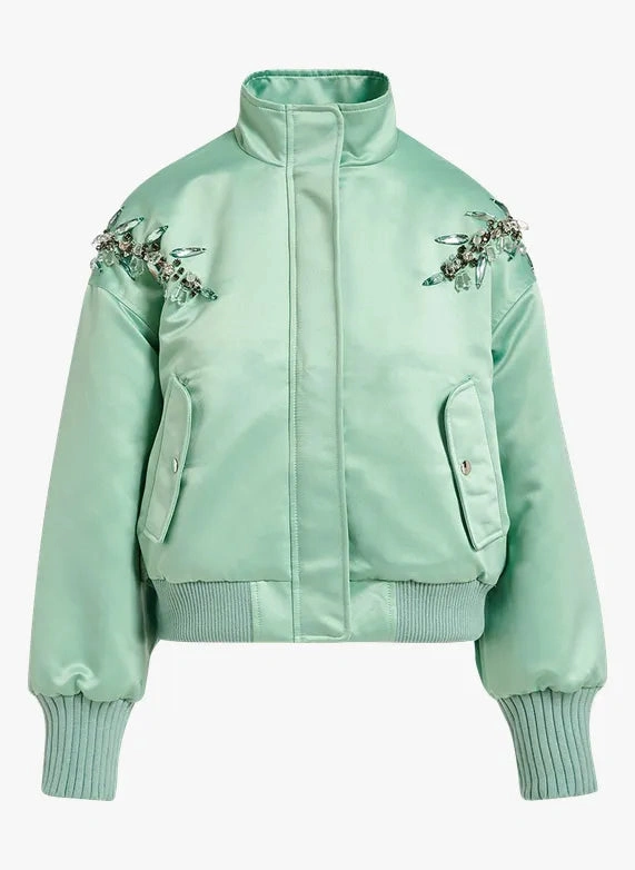 Mindy Chen TV Series Emily in Paris S04 Ashley Park Mint Embellished Satin Bomber Jacket