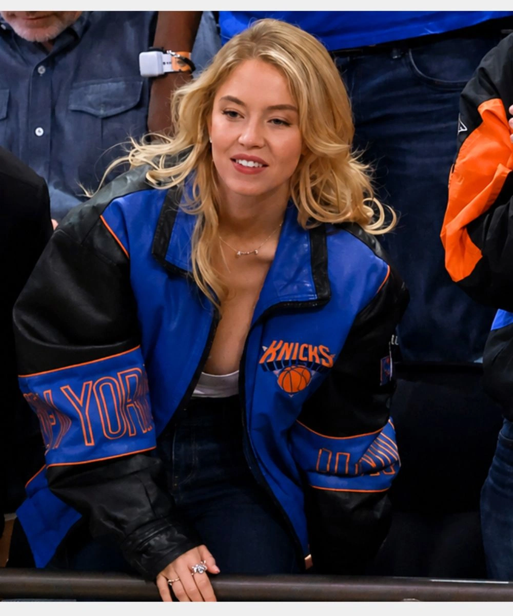 NBA Finals 2026 Sydney Sweeney New York Knicks Black & Blue Leather Jacket