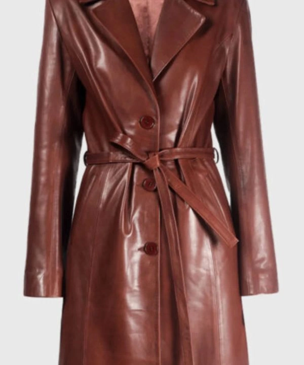 Premium Emily Ratajkowski Brown Leather Trench Coat