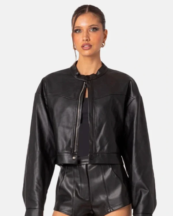 Ramona Black Faux Leather Cropped Biker Jacket For Women