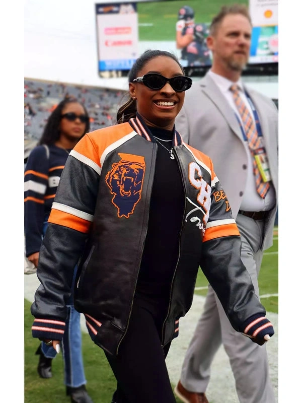Simone Biles Owens Chicago Bears Leather Varsity Bomber Jacket Sale