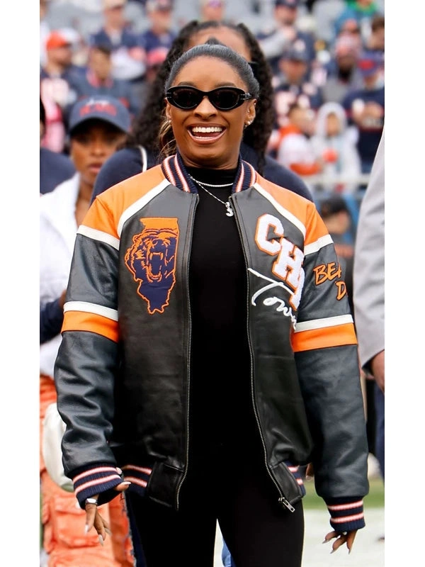 Simone Biles Owens Chicago Bears Leather Varsity Bomber Jacket for Sale