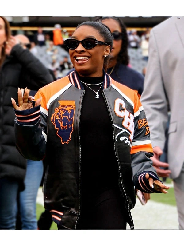 Simone Biles Owens Chicago Bears Leather Varsity Bomber Jacket