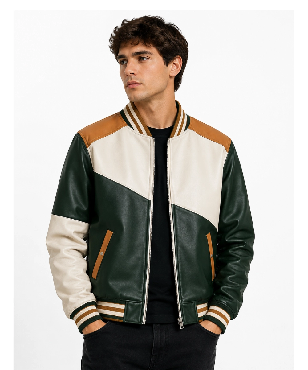 Taylorjon Men’s Color Block Green Baseball Varsity Leather Bomber Jacket